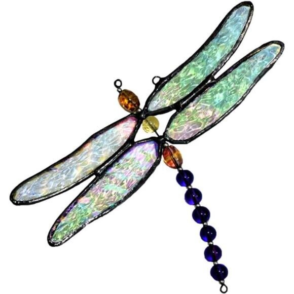 Stained Glass Dragonfly Ornament – Iridescent Clear Textured Glass Suncatcher - Picture 1 of 5